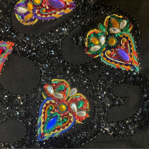 Vintage Western Connection Sequin Beaded Heart Sweater Black Ramie Cotton Size S - Picture 5 of 10